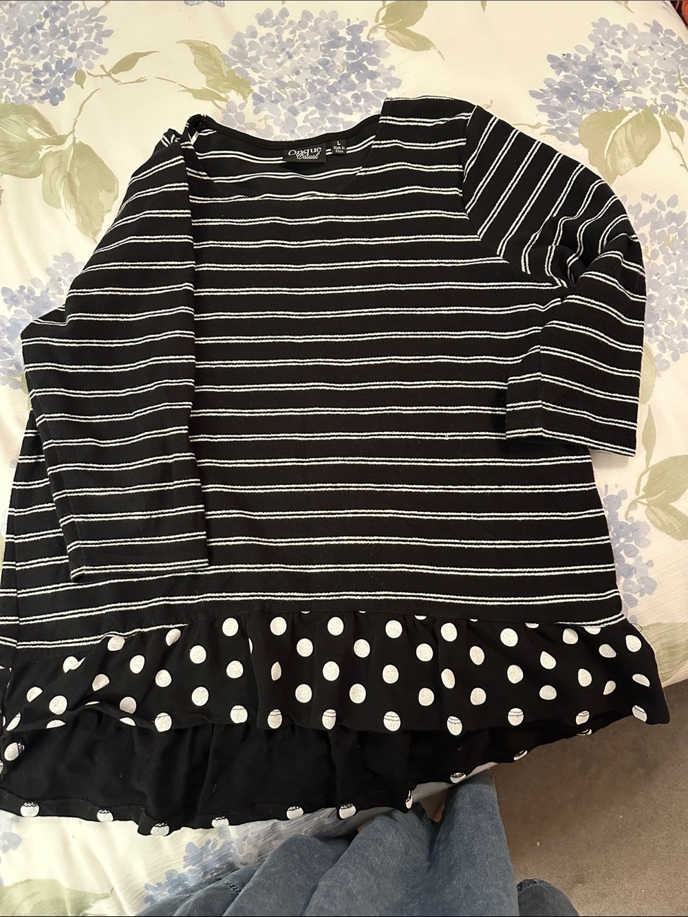 Black & White Striped Long-Sleeve Top with Polka Dot Ruffle